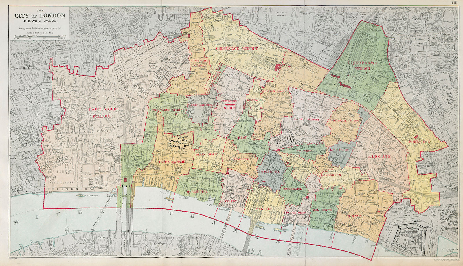 CITY OF LONDON showing WARDS. Churches & public buildings plans. BACON 1920 map
